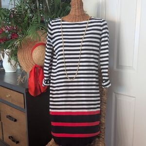 Jones New York Blue and White Striped Dress with Red Hem